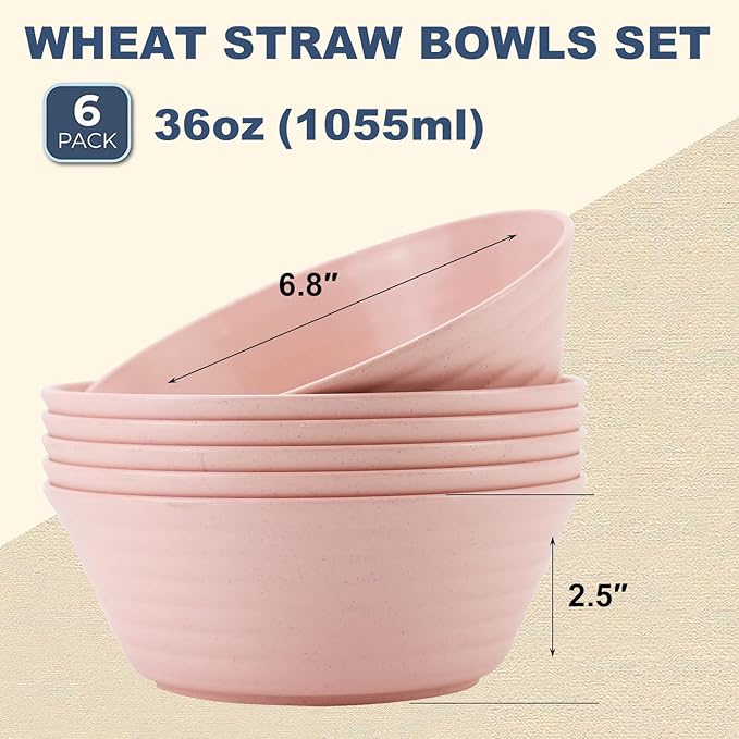 Wrova Wheat Straw Bowl Sets,6 PCS Unbreakable Cereal Bowl 36 OZ,Microwave and Dishwasher Safe Bowls,Kitchen Bowls BPA Free for Serving Soup,Oatmeal and Salad （Sakura）