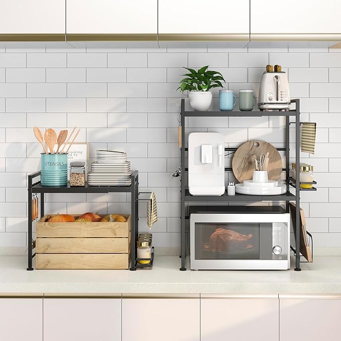 DOLALIKE Microwave Oven Rack, Expandable Microwave Stand Countertop Kitchen Utensils Tableware Storage, Carbon Steel Over Microwave Shelf Countertop with 6 Hooks