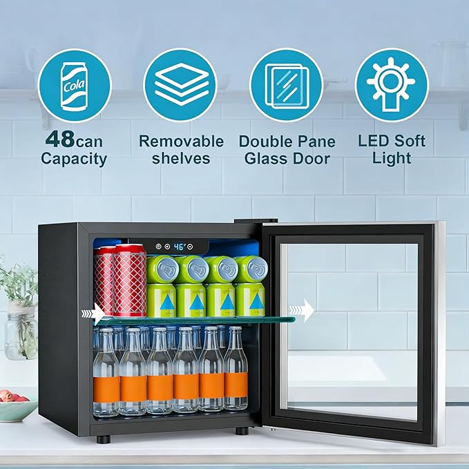 48 Can Beverage Refrigerator,12 Bottle Wine Cooler with Seamless Stainless Steel & Glass Door, Digital Temperature Display, Countertop Mini Fridge for Soda, Wine or Beer, Silver