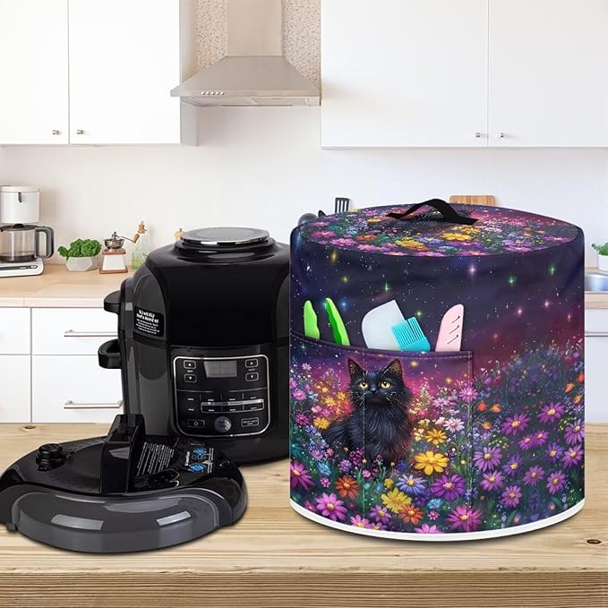 Xoenoiee Black Cat Colorful Daisy Pattern Pressure Cooker Cover Kitchen Appliance Dust Cover with Pockets for Rice Cooker Air Fryer Slow Cooker, for 3 Qt Pot