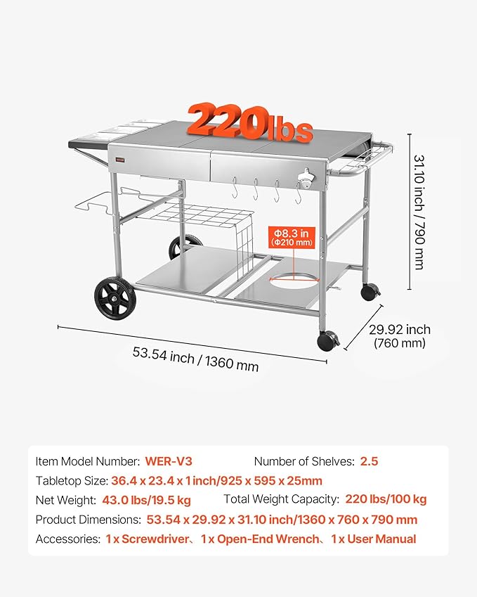 VEVOR Outdoor Grill Cart, 36.4 x 23.4 x 1 inch Tabletop Size Grilling Table, Movable Outdoor Cooking Table with 4 Spice Containers, Wheels, Lids, Hooks, BBQ Prep Tables for Picnic, Kitchen, Courtyard
