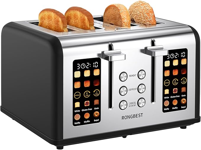 4 Slice Touch Screen Toaster, Easy-to-Use Digital Stainless Steel Toaster with Wide Slots, Reheat Defrost Cancel, Removable Crumb Tray, Matte Black