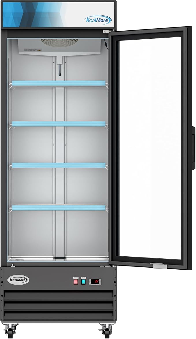 KoolMore MDR-1GD-23C Commercial Glass 1 Door Display Refrigerator Merchandiser - Upright Beverage Cooler with LED Lighting - 23 Cu. Ft., Black