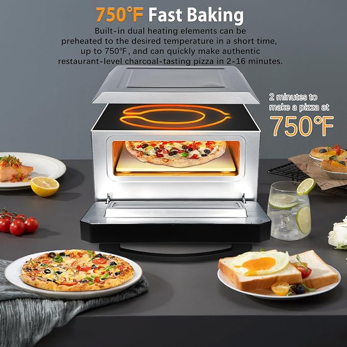 Electric Pizza Oven Indoor, Heats up to 800°F, 12” Pizzas in Minutes, Countertop Pizza Oven with 6 Touchscreen Presets, Pizza Stone and Pizza Peel Included,Stainless Steel Pizza Maker Machine for Home