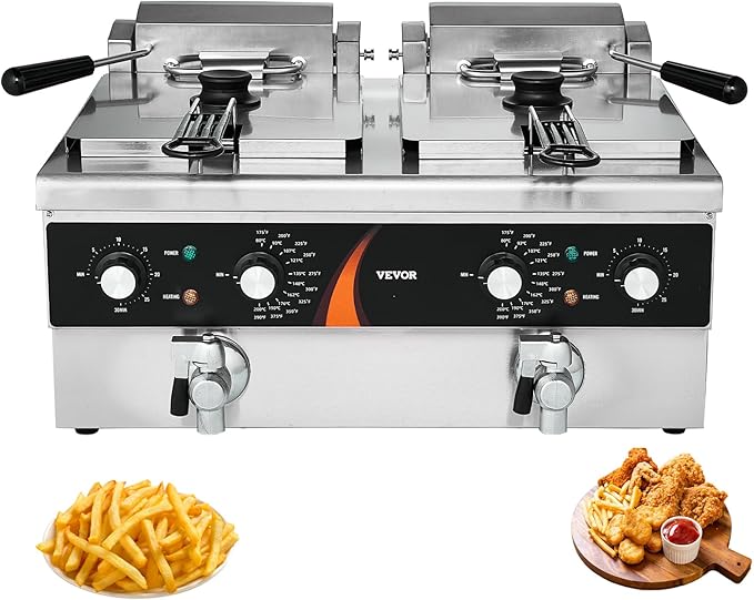 VEVOR Commercial Deep Fryer, 2 x 9Qt / 8.5L Double Oil Fryer with 2 Baskets, 1mm Thickened Stainless Steel, Dual Tank 3500W Electric Countertop Fryer， Time & Temp Control, for Kitchen Restaurant Use