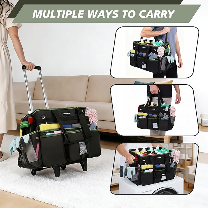 Large Rolling Cleaning Caddy Bag, Cleaning Caddy with Wheels with Detachable Trolley for Housekeepers, Water Resistant Cleaner Supplies Organizer with Wheels for Kitchen, Car, Picnic(Black-Green)
