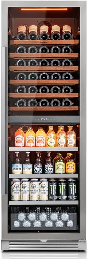 Ca'Lefort 24 Inch Wine Fridge - 177 Can & 77 Bottle Dual Zone Wine Cooler with Glass Door, 34-65°F Quiet Refrigerator with Bottom Drawer 3 LED Light Built-in for Home/Bar/Kitchen Right-Hinged Door