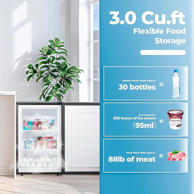 3.0 Cu.ft Small Freezer, Mini Upright Freezer with 7 Adjustable Thermostat, Removable Shelves, Reversible Single Door, for Bedroom/Home/Dorms/Apartment (Silver)