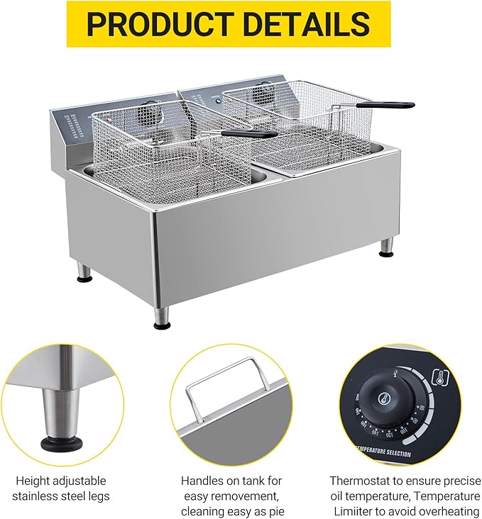 Twin 11L Commercial Deep Fryer | Dual 201 Stainless Steel Tanks with 2 Baskets & Lids | 3400W Total (1700W x 2) 110V for Restaurant & High-Volume Use