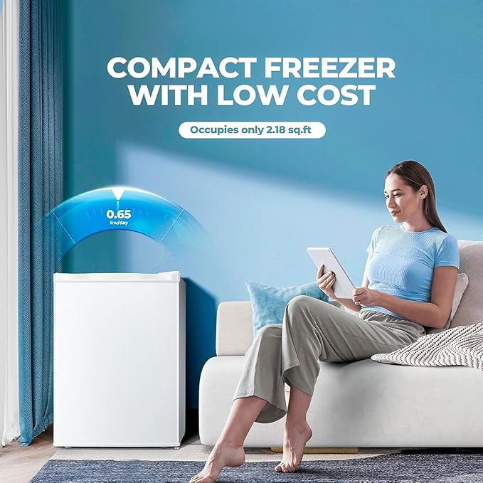2.1 Cu.ft Small Freezer, Mini Upright Freezer with 7 Adjustable Thermostat, Removable Shelves, Reversible Single Door, for Bedroom/Home/Dorms/Apartment (White)