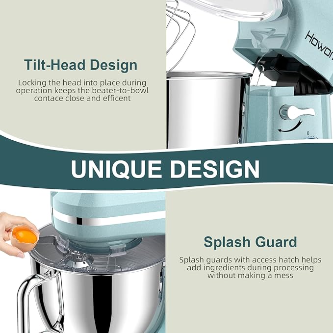 HOWORK Electric Stand Mixer,10+p Speeds Kitchen Mixer With 6.5QT Stainless Steel Bowl,Dough Hook, Wire Whip & Beater,for Most Home Cooks(Blue)