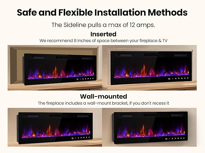70" Electric Fireplace Realsmart Wall Mounted and Recessed 1500W Fireplaces Heaters with Remote Control Slim Black Wall Fireplace Adjustable 12 Flame Colors&5 Brightness Cool Touch Screen Timer