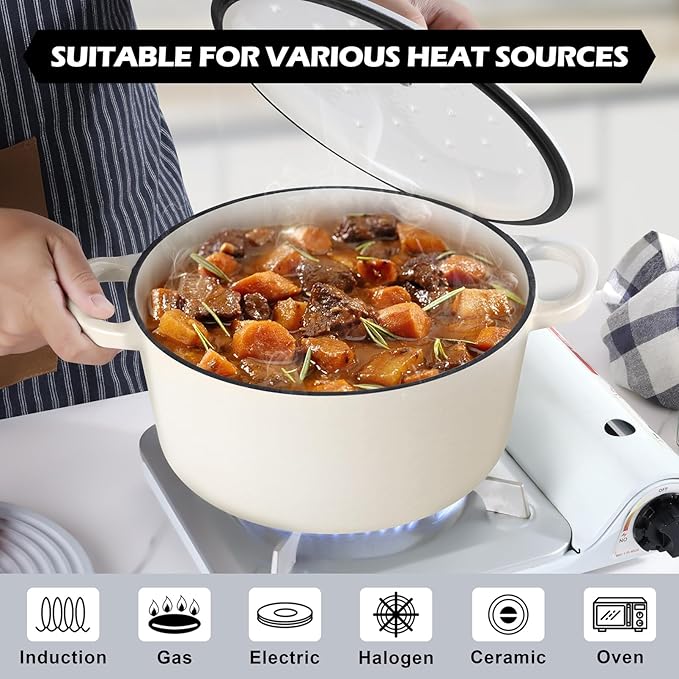 TeamFar 6Qt Dutch Oven, Enameled Cast Iron Dutch Oven Pot with Lid & Dual Handles for Bread Baking, Cooking, Simmer, Non Toxic & Heavy Duty, Oven Safe & Various Stovetops Suitable - Cream White
