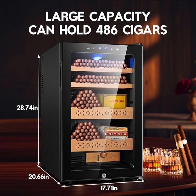 Tylza Cigar Humidor Cabinet 70L, Temp & Humidity Control Electric Humidors for Cigars, 486 Cigars, Digital Hygrometer, Safety Lock, Cigar Humidors with Cedar Wood Drawer Shelves, Cigar Gifts for Men