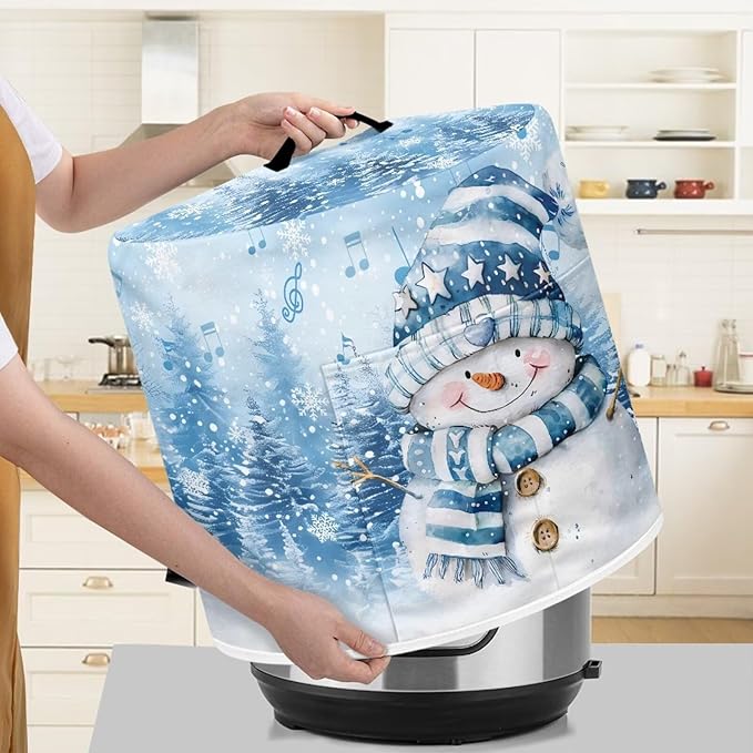Christmas Theme Kitchen Appliance Dust Cover 6 Quart Pressure Cooker/Air Fryer/Rice Cooker Cover with Top Handle and Storage Pocker, Cute Snowman Blue