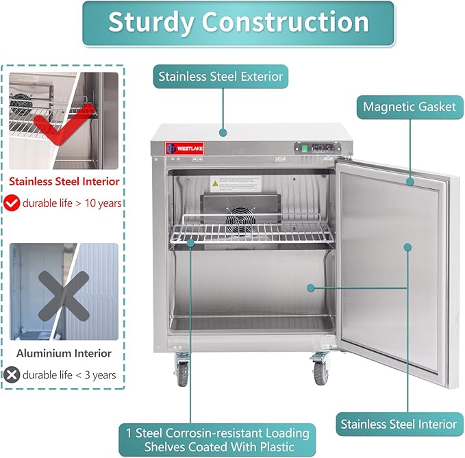 WESTLAKE 28" W Commercial Refrigerator Worktop Undercounter Refrigerator 6.3 Cu.ft Single Door Stainless Steel Counter Fan Cooling Refrigerator Food Prep Station for Restaurant, Bar