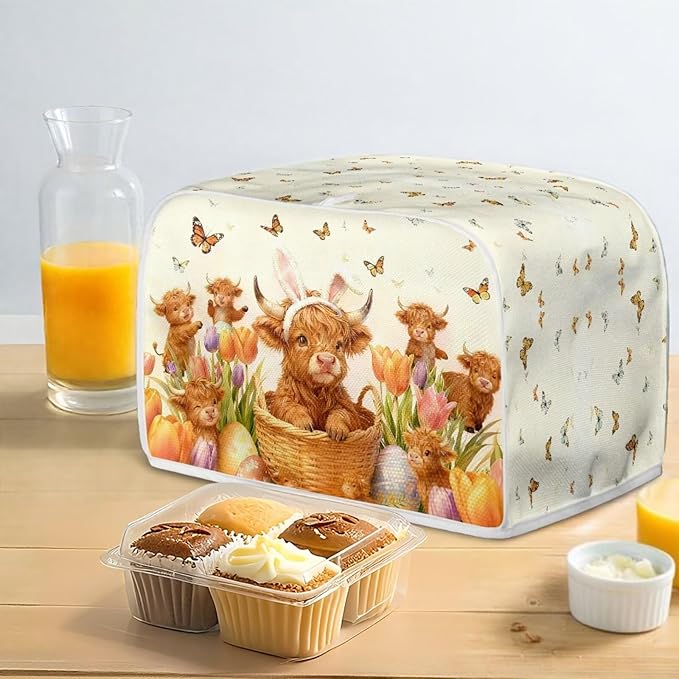 Easter Tulip 2 Slice Toasters Cover Anti-Stains Highland Cattle Print Bread Maker Covers with Handle Holiday Kitchen Decor Small Appliance Covers