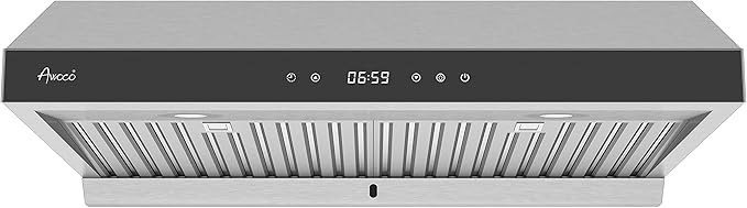 Awoco 30" Stainless Steel Under Cabinet 6 Speeds 900 CFM Range Hood with Tempered Glass Touch Panel, LED Lights, Baffle Filters and Oil Collector, 7" High