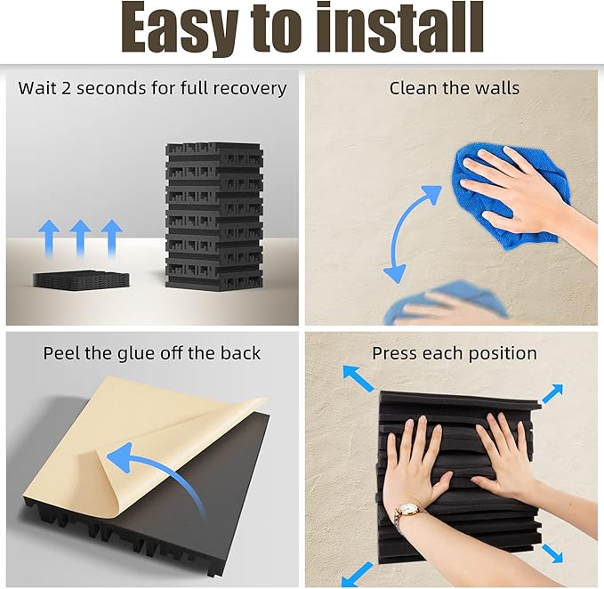 48 Pack Sound Proof Foam Panels for Walls, 12" x 12" x 2" Self-Adhesive Acoustic Panels, High-Density Soundproof Wall Panels for Studio Home and Ceilings (Black)