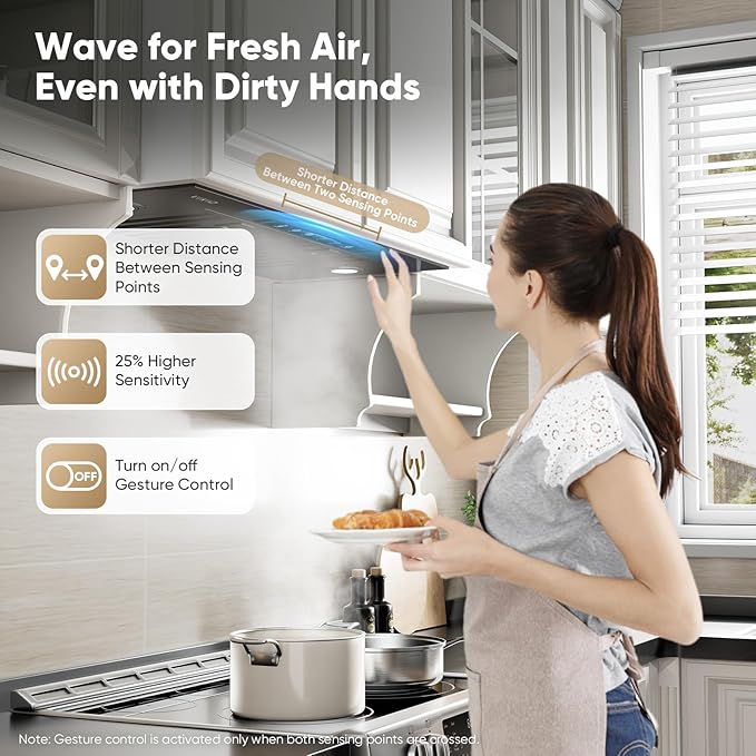 Range Hood Insert 30 Inch, Ducted/Ductless Convertible, 980 CFM Built-in Kitchen Vent Hood,Stainless Steel Range Hood with Gesture & Touch Control, Black Hoods for Over Kitchen Stove