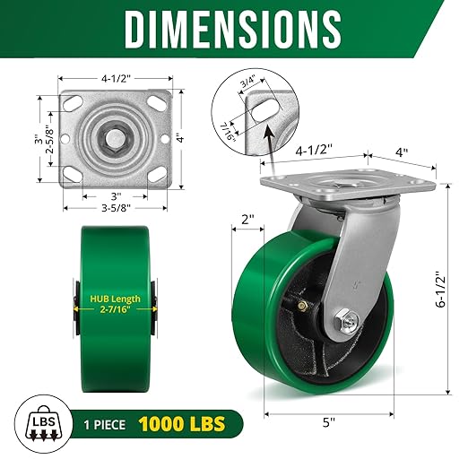 5 Inch Caster Wheels Heavy Duty, Polyurethane on Steel Wheel, Set of 4 Industrial Casters Load 4000lbs, Plate Caster for Carts, Pallet Trucks, Industrial Equipment(4 Pack Swivel)