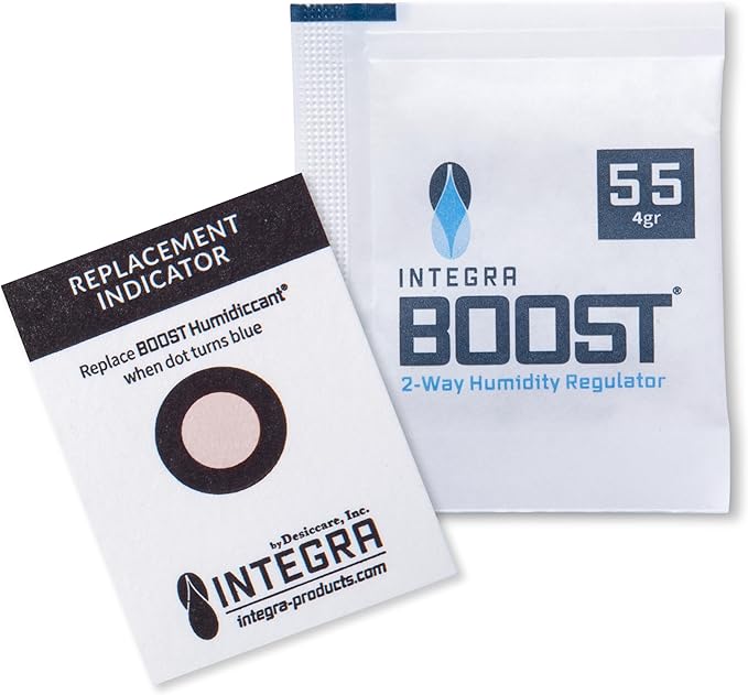 Integra Boost 55% RH Level - 4 Gram Size - Two-Way Humidity Control Pack - Incl. Replacement Indicator Cards - Food Storage & Herbs Moisture Balancer for Up to 1/2 oz (Pack of 20)