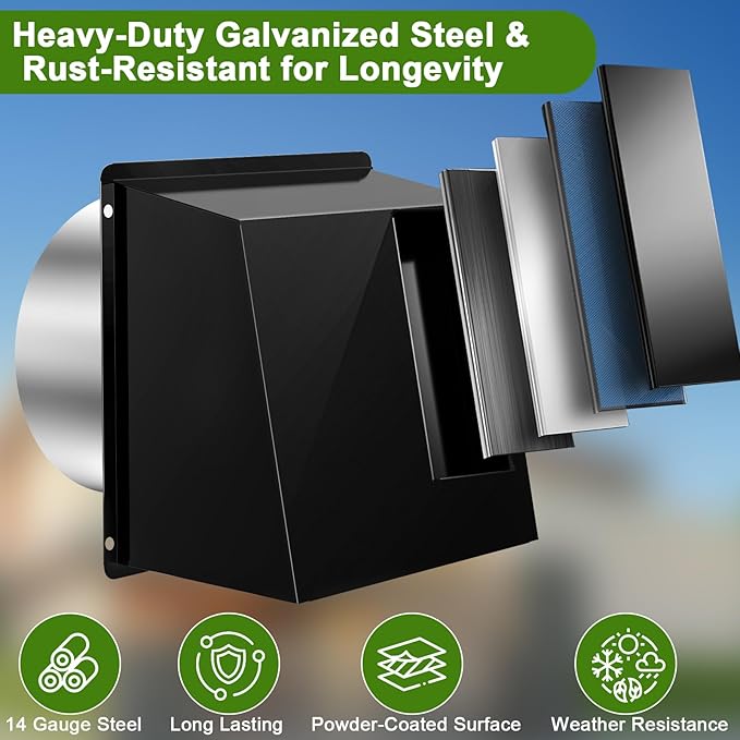 10 Inch Hooded Wall Vent, Dryer Wall Vent Cover Outside with Screen & Damper, Hooded Wall Exhaust Vent Cover, Outdoor Air Vent Cap for Range Hoods/Kitchen/Bathroom/Laundry/Basements/Garages, Black