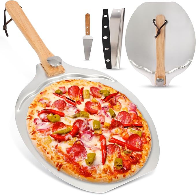 12"x14" Aluminum Pizza Peel Set- Pro Pizza Paddle & Pizza Spatula with Foldable Wooden Handle & Rocker Cutter Compatible with Ninja/ooni, Complete Pizza Oven Accessories for Baking Bread/Dough/Pastry