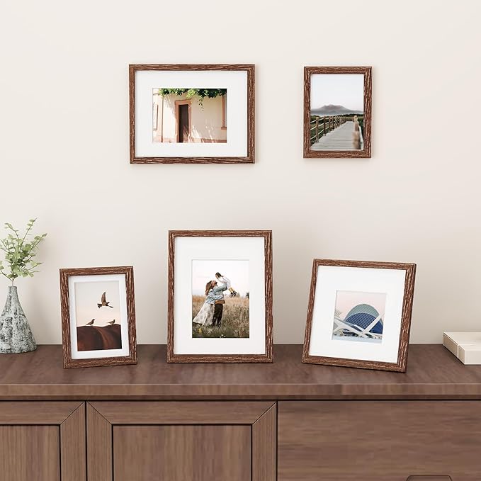 Fun Memories 5x7 Picture Frame, Solid Oak Wood 5 x 7 Frame with Plexiglass, 5 by 7 Photo Frame for Wall & Tabletop Display, 5x7 Picture Frame Matted to 4x6, Walnut Color, 3 Pack