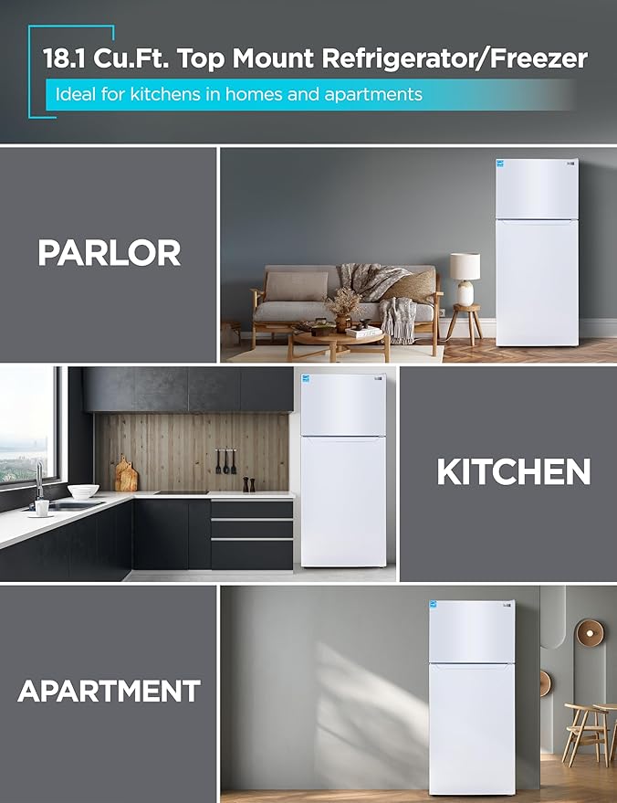 BLACK+DECKER 18.1 Cu. Ft. Top Mount Refrigerator with Freezer, 2 Door Refrigerator with Top Freezer and Adjustable Temperature Control, Full Size Fridge, ENERGY STAR Certified, BR1810HW, White