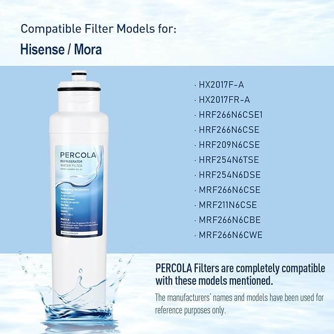 HX2017FR-A Water Filter, Compatible with Hisense® HX2017F-A, HRF266N6CSE1, HRF266N6CSE, HRF209N6CSE, HRF254N6TSE, HRF254N6DSE, HRF210N6CBE, Mora MRF211N6CSE, MRF266N6CSE (2 Pack)