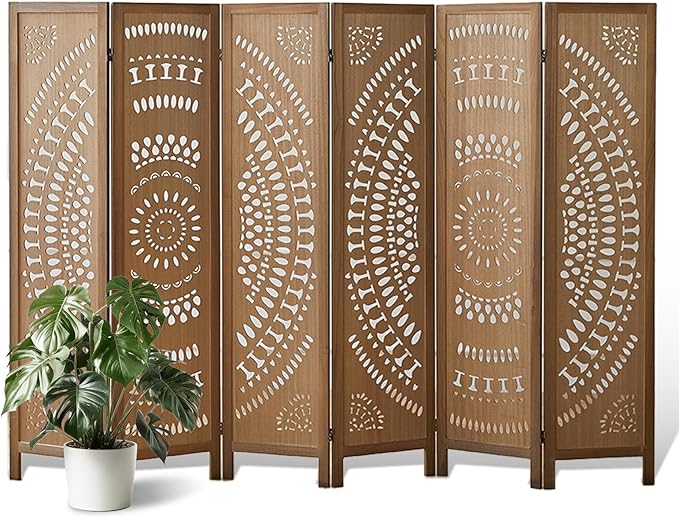 6 Panel Room Divider Wood Carved Room Divider Folding Privacy Screen with Double Hinges, Free Assembled Portable Partition Screen Divider for Room Separation Home Office Restaurant - Brown