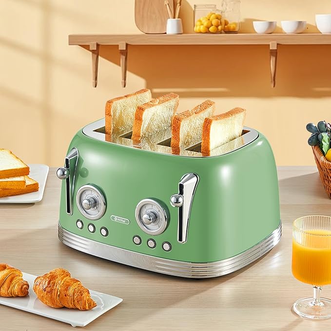 4 Slice Toaster, Retro Green Toaster, Bagel, With Stainless Steel Lid. Reheat, Defrost and Cancel Functions, Countdown Function, 6 Browning Levels, Stainless Steel Material, TR03