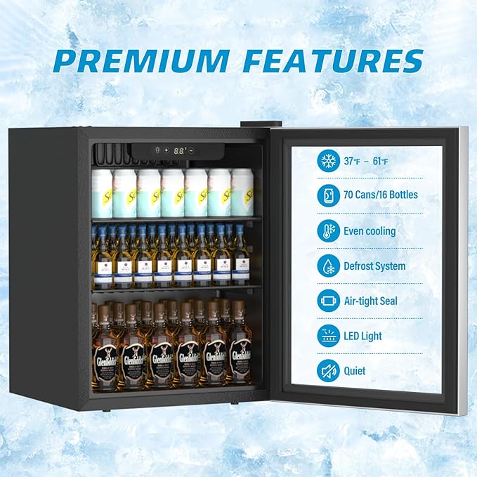 1.6 Cubic Feet Mini Fridge, 70 Can Freestanding Beverage Refrigerator with Glass Front Door for Soda, Beer Under Counter Small Refrigerator with Adjustable Shelves and Digital Display(Silver)