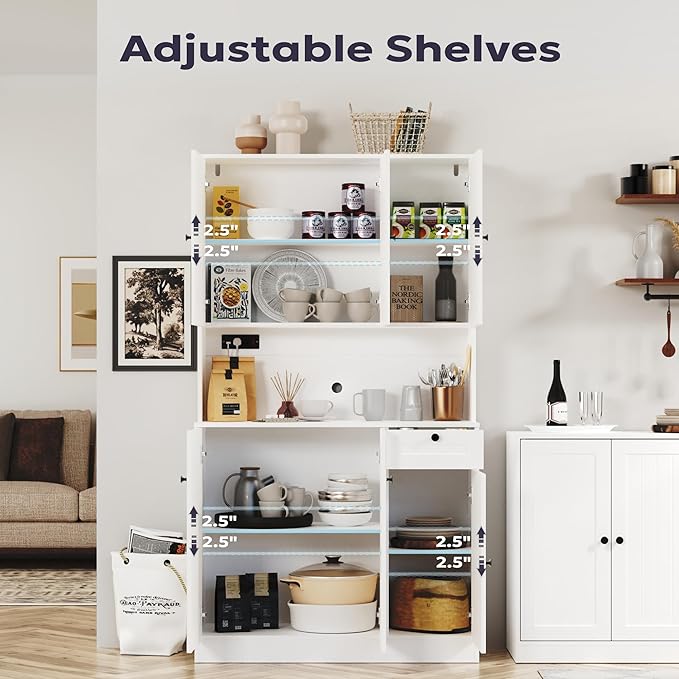 71" Pantry Cabinet with Charging Station, Tall Kitchen Pantry Storage Cabinet with Microwave Stand, Farmhouse Kitchen Hutch with Storage Drawer for Living Room, Dining Room, White
