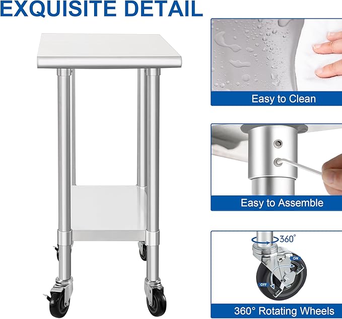 HARDURA Stainless Steel Commercial Table Prep & Work Table with Casters Heavy Duty Metal Table with Wheels NSF 430 30×15 Inches
