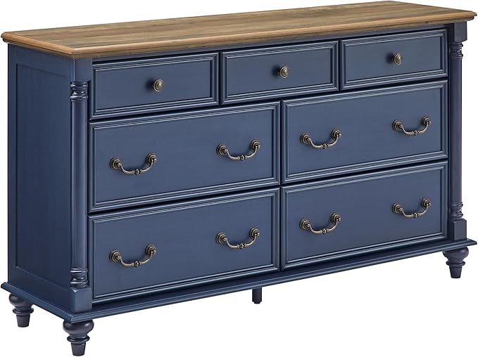 T4TREAM Farmhouse 7 Drawers Dresser Chests for Bedroom with 4 Solid Wood Feet, Tall Wide Wood Country Rustic Chest of Drawers, Storage Dressers for Bedroom, Living Room, Rustic Oak Antique Blue