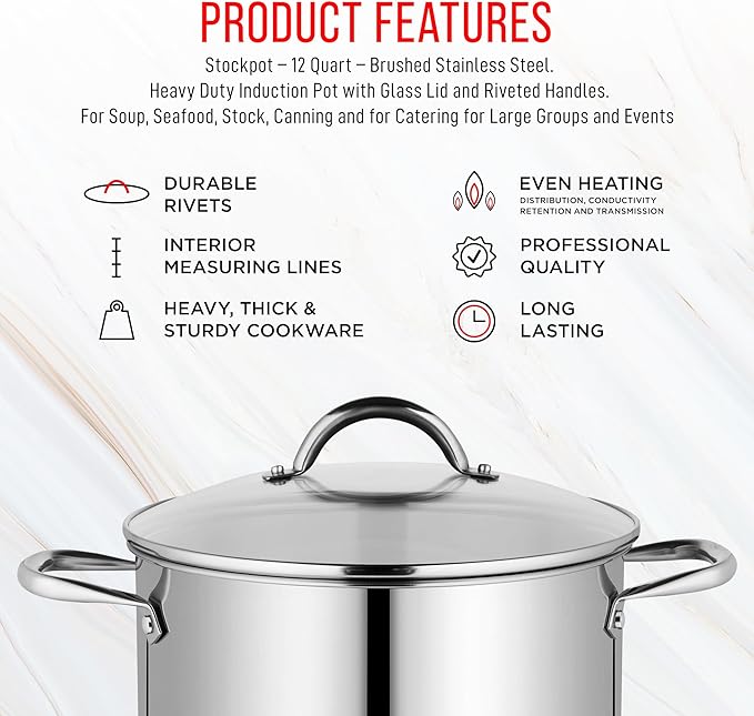 Stainless Steel Stockpot with Tempered Glass Lid 12 Quart, Durable 18/0 Stainless Steel, Impact-Bonded Base for Even Heating, Riveted Handles, Oven & All Stove Compatible, Safe Up To 500°F (260°C)