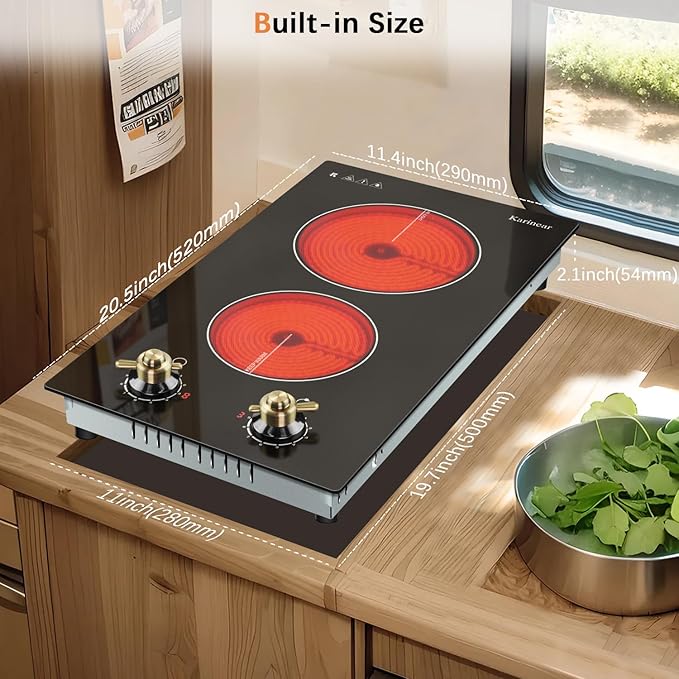 Karinear 110V Electric Cooktop 2 Burners Electric Stove 12 Inch Knob Control Countertop & Built-in Ceramic Cooktop, 9 Heating Level, Hot Warning, Over-Temperature Protection(Gold Knob)
