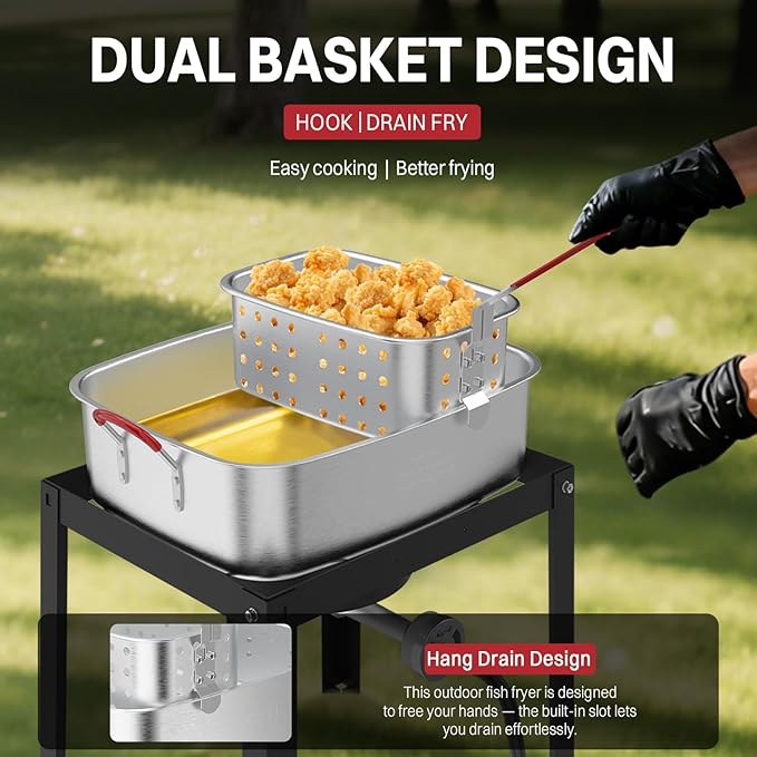 18QT Aluminum Deep Fryer Pot with 2 Baskets | Lid | 9" Fryer Tong | 6" Thermometer | Outdoor Fish Fryer Pot | Ideal for Frying Fish | French Fries | Chicken Wings