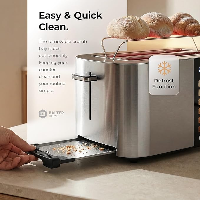 Toaster 4 Slice Wide Slot, Bagel Function, Long Slot, Stainless Steel, Touch Screen, Built-in Rack, Extra-Wide 1.5" Slots for Thick Breads & Bagel, Timer, BPA-Free, 6 Levels, Removable Tray