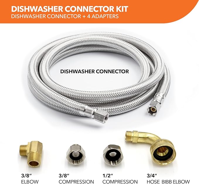 Universal Dishwasher Installation Kit, 3/8" Compression, 4ft long Braided Stainless Steel Hose + 3/4" Hose Bibb Elbow + 3/8" Compression Elbow & Compression Adaptor + 1/2" Compression Adaptor