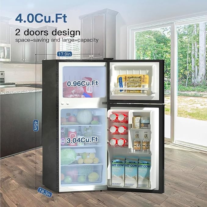 BANGSON 4.0 Cu.Ft Small Refrigerator with Freezer, Small Fridge with Top Freezer, for Apartment, Bedroom, Dorm, and Office, Double Door, Stainless Steel, Silver