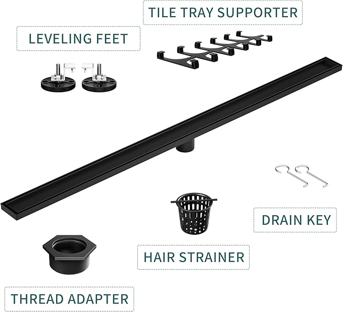 Linear Shower Drain 42", Matte Black Floor Drain with Tiled Insert Grate & Hair Strainer, 304 Stainless Steel Bathroom 2-in-1 Tiled in Drain, CUPC Certified (Matte Black, 42'')