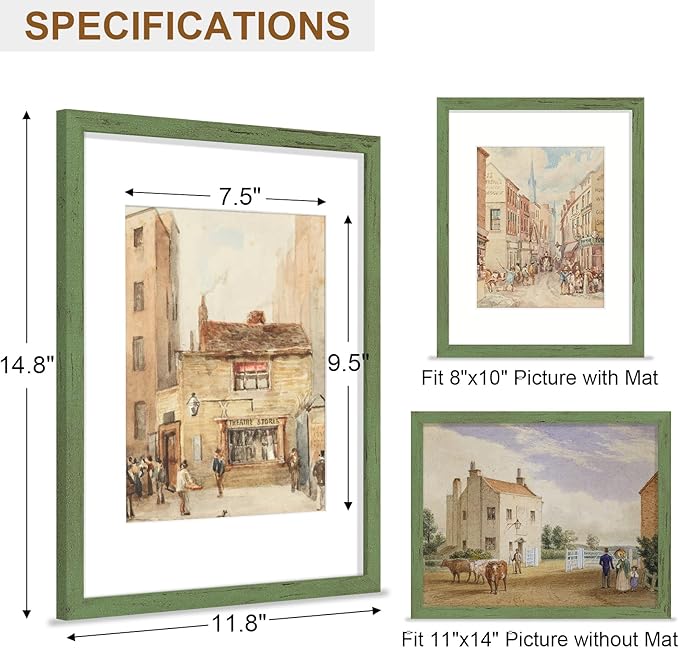 Vittanly 11x14 Picture Frame, Solid Wood Frame with Plexiglass, Includes 8x10 Mat, Wall Hanging for Photos, Home Decor, Rustic Green, 1 Pack