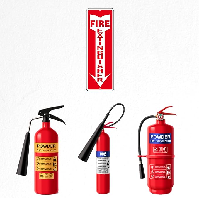 Fire Extinguisher Sign, (4 Pack) Self Adhesive Fire Extinguisher Sticker Signs for Indoor Outdoor, Rust Free Reflective Aluminum Metal Signs for Wall and Door (12 x 4 inches, Red/White)