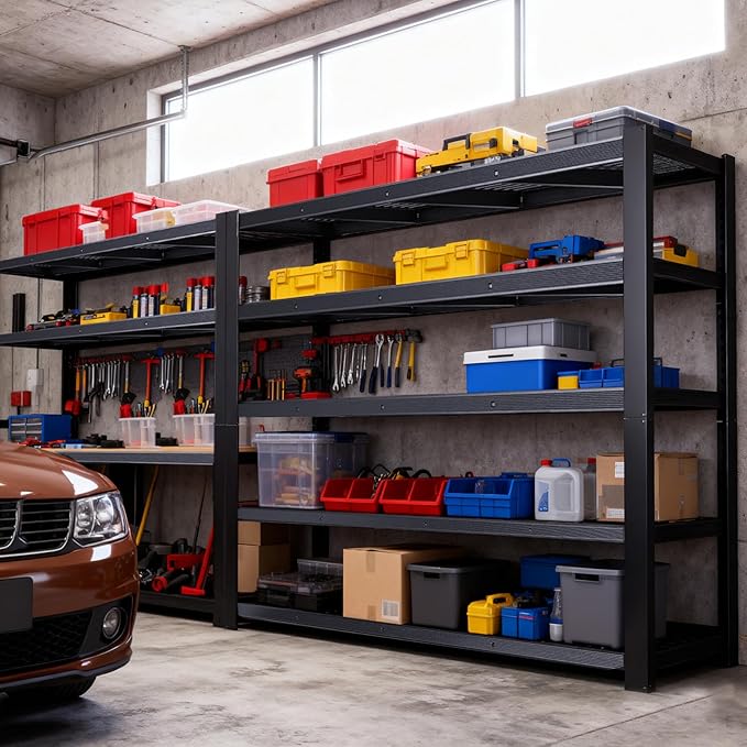 Heavy Duty Storage Shelves 24" D x 62" W x 72" H, 3050 lbs Metal Shelving Rack, Garage Storage Shelf, Estantes de Almacenamiento, Black Basement Shelving Unit, Adjustable Garage Rack