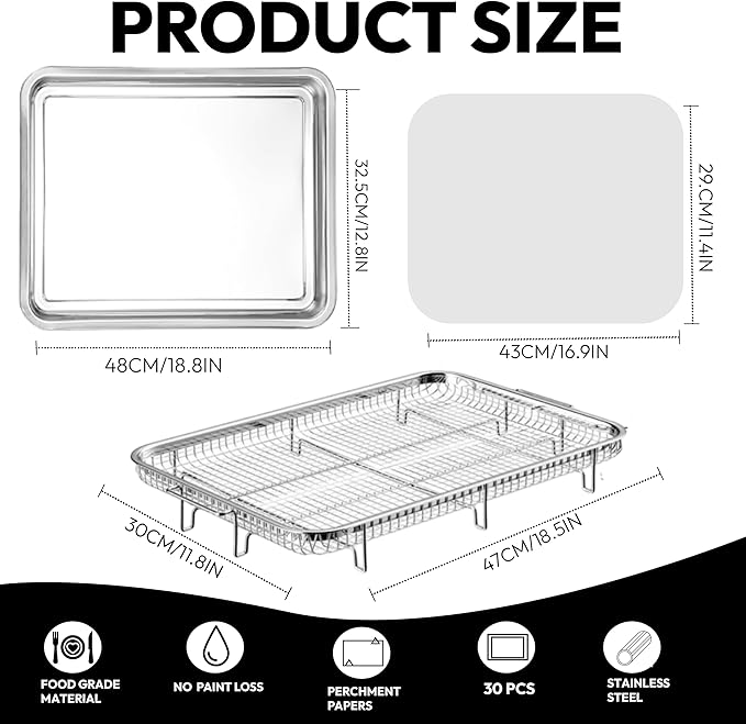 18.7" X 12.8" Extra Large Air Fryer Basket for Oven, OvenCrisp Oven Air Fryer Basket and Tray Set With 30PCS Parchment Papers, Stainless Steel Air Fryer Pan and Crisper Tray for Frying Baking