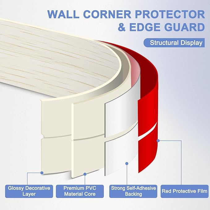 Wall Corner Protector Moulding Trim Peel and Stick Wall Corner Guards Trim Flexible Self Adhesive Edge Protector Moulding, 2.4 in x40 Ft, Beige Wood
