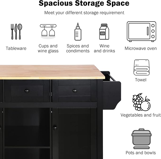 Favfurish Kitchen Island with Drop-Leaf Countertop, Internal Storage Cabinet Racks, Rolling Kitchen Cart on 5 Wheels with Open Shelves and 3 Drawers, Spice Holder, for Dining Room, Black